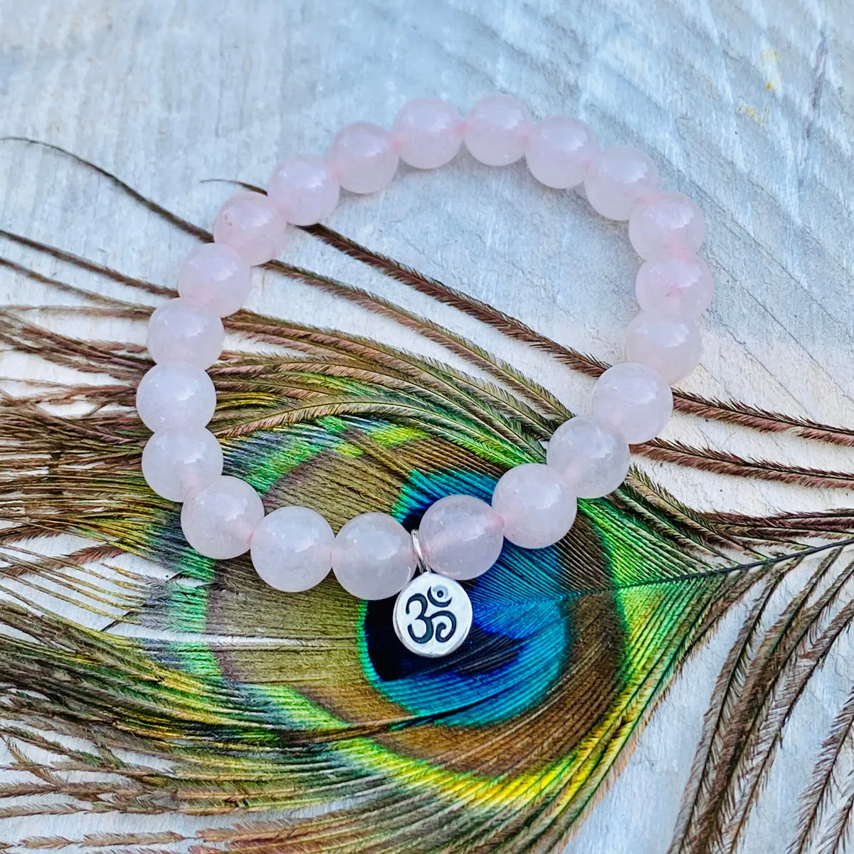 Yoga Inspired Rose Quartz Bracelet with Ohm Charm to Hear the Sound of the Universe