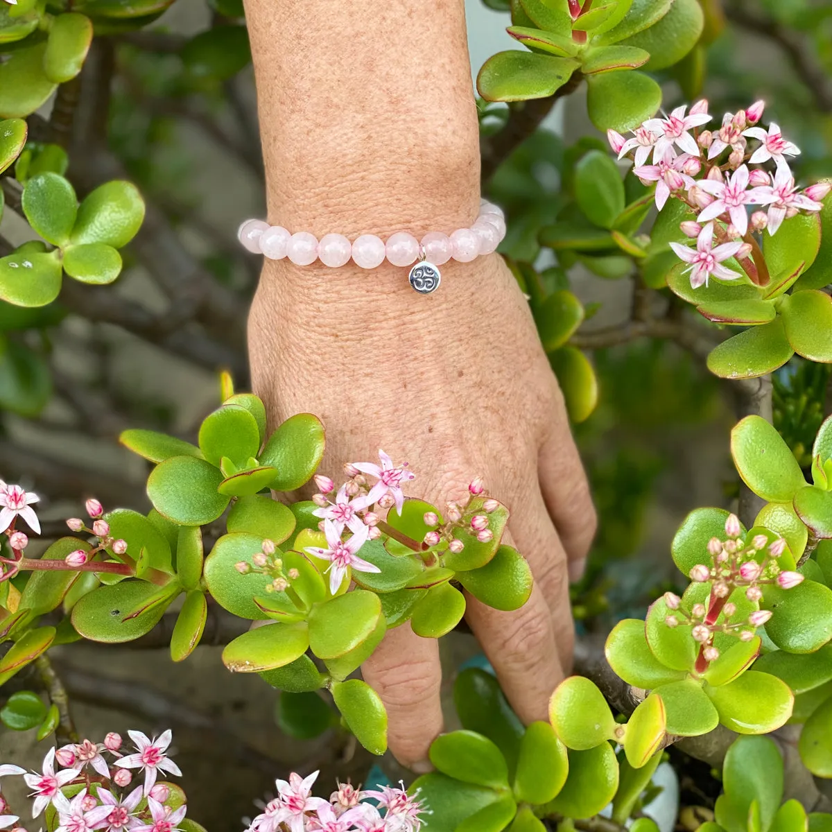 Yoga Inspired Rose Quartz Bracelet with Ohm Charm to Hear the Sound of the Universe