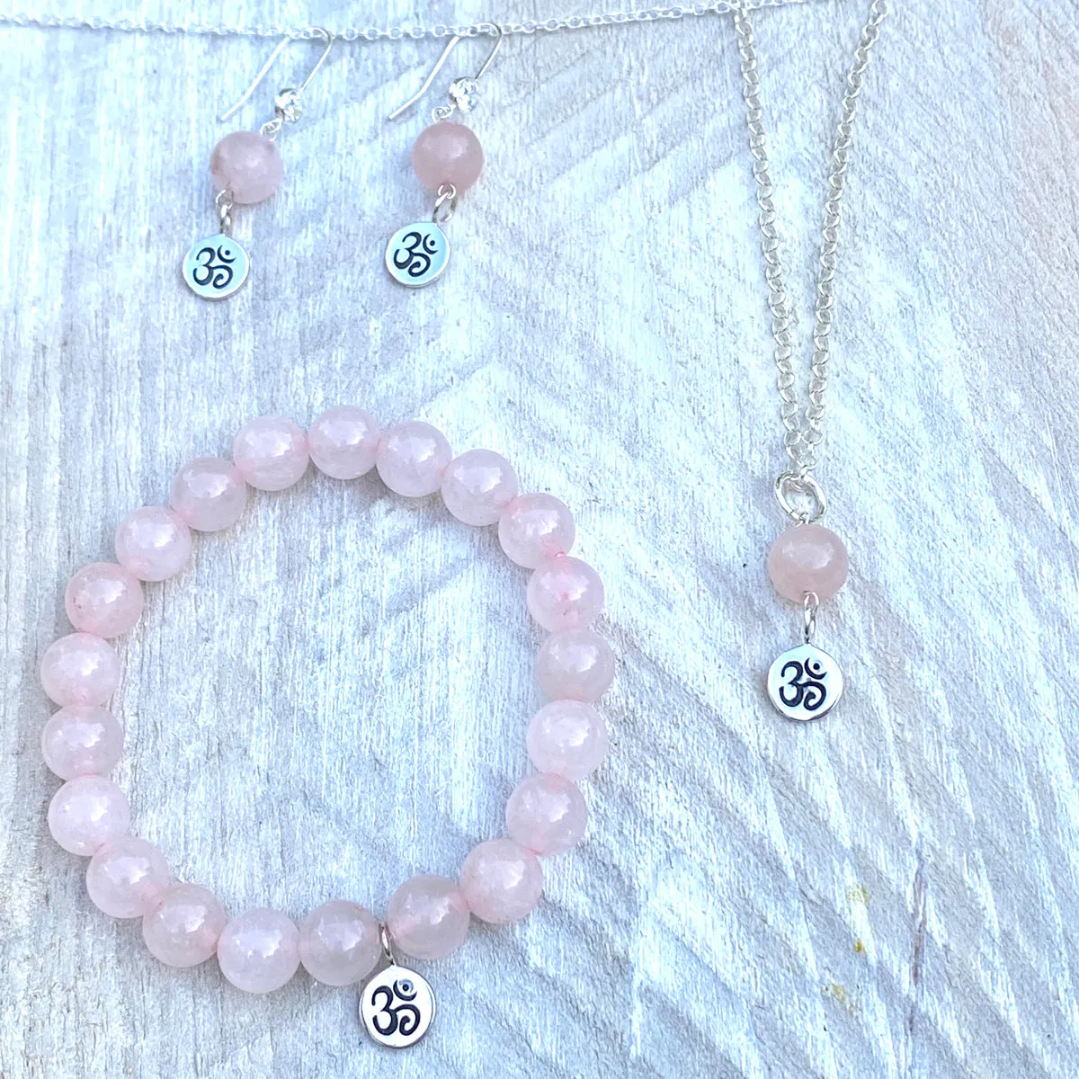 Yoga Inspired Rose Quartz Bracelet with Ohm Charm to Hear the Sound of the Universe