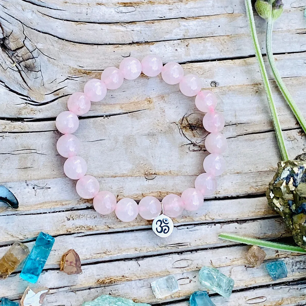 Yoga Inspired Rose Quartz Bracelet with Ohm Charm to Hear the Sound of the Universe