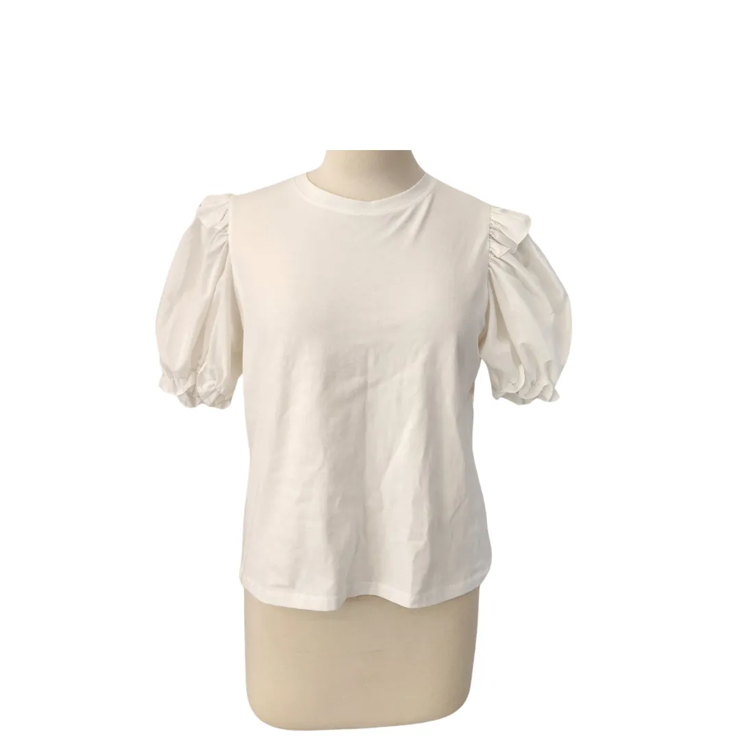 ZARA White Puff-sleeves Crew-neck Top | Brand New |