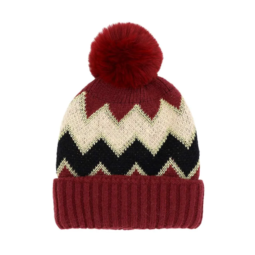 Zigzag Chevron Patterned Fuzzy Fleece Pom Pom Beanie Hat