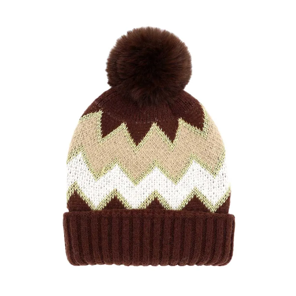 Zigzag Chevron Patterned Fuzzy Fleece Pom Pom Beanie Hat