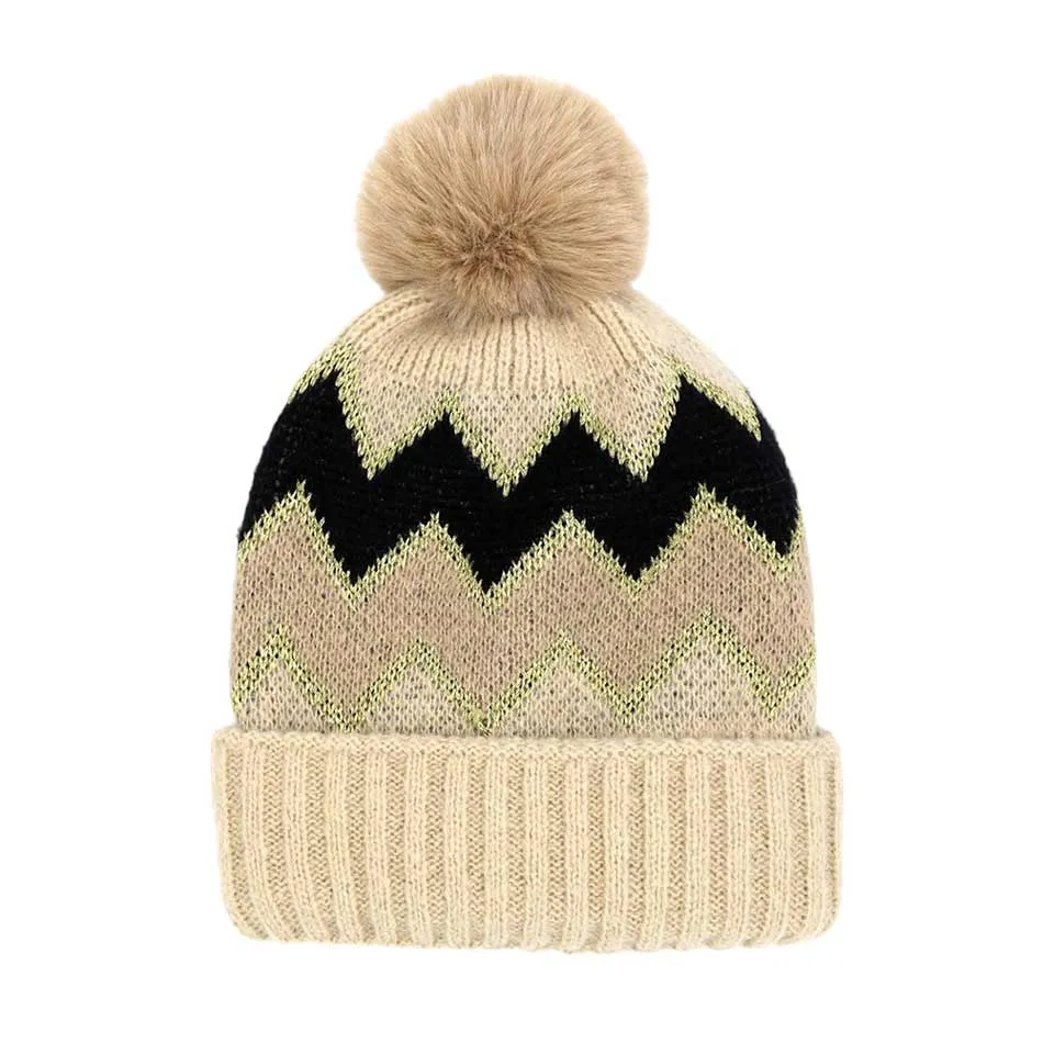 Zigzag Chevron Patterned Fuzzy Fleece Pom Pom Beanie Hat